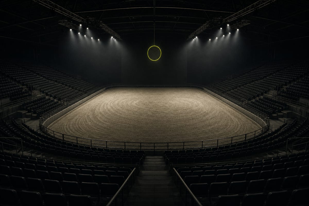 An empty floodlit indoor arena at night, the goal ring catching the light at the far end