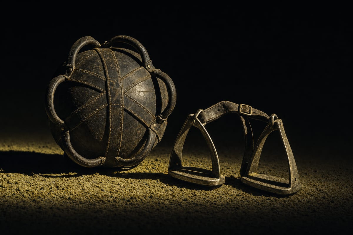 A handled leather ball beside a pair of stirrups joined by a strap, lit from one side