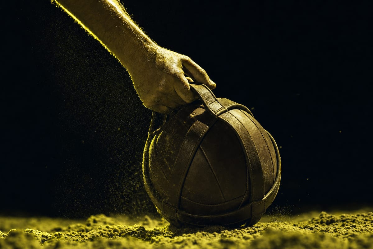 A bare hand closing on the leather handle of a horseball resting in floodlit sand
