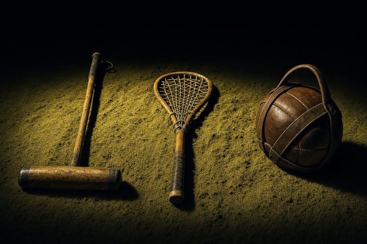 A polo mallet, a polocrosse racquet and a handled horseball ball laid out on sand