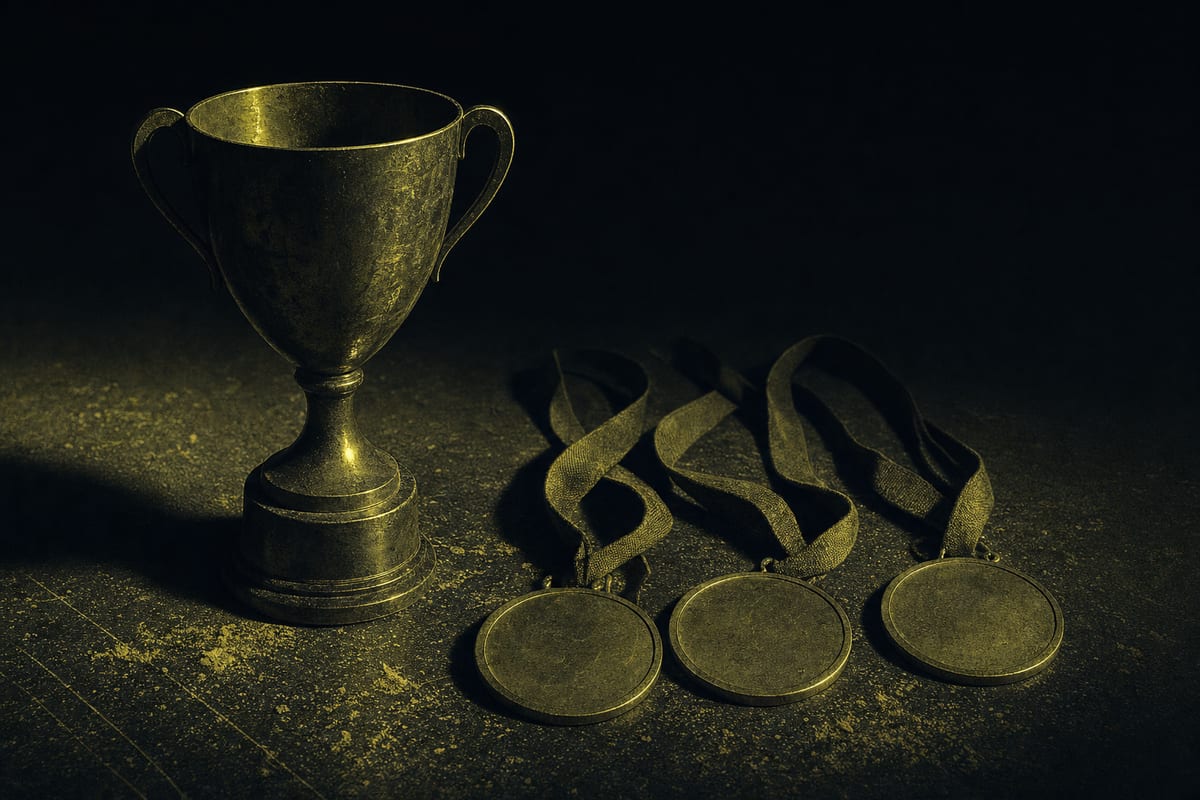 Un trophée en métal sans gravure et trois médailles vierges sur leurs rubans, posés sur une surface sombre sous une lumière rasante