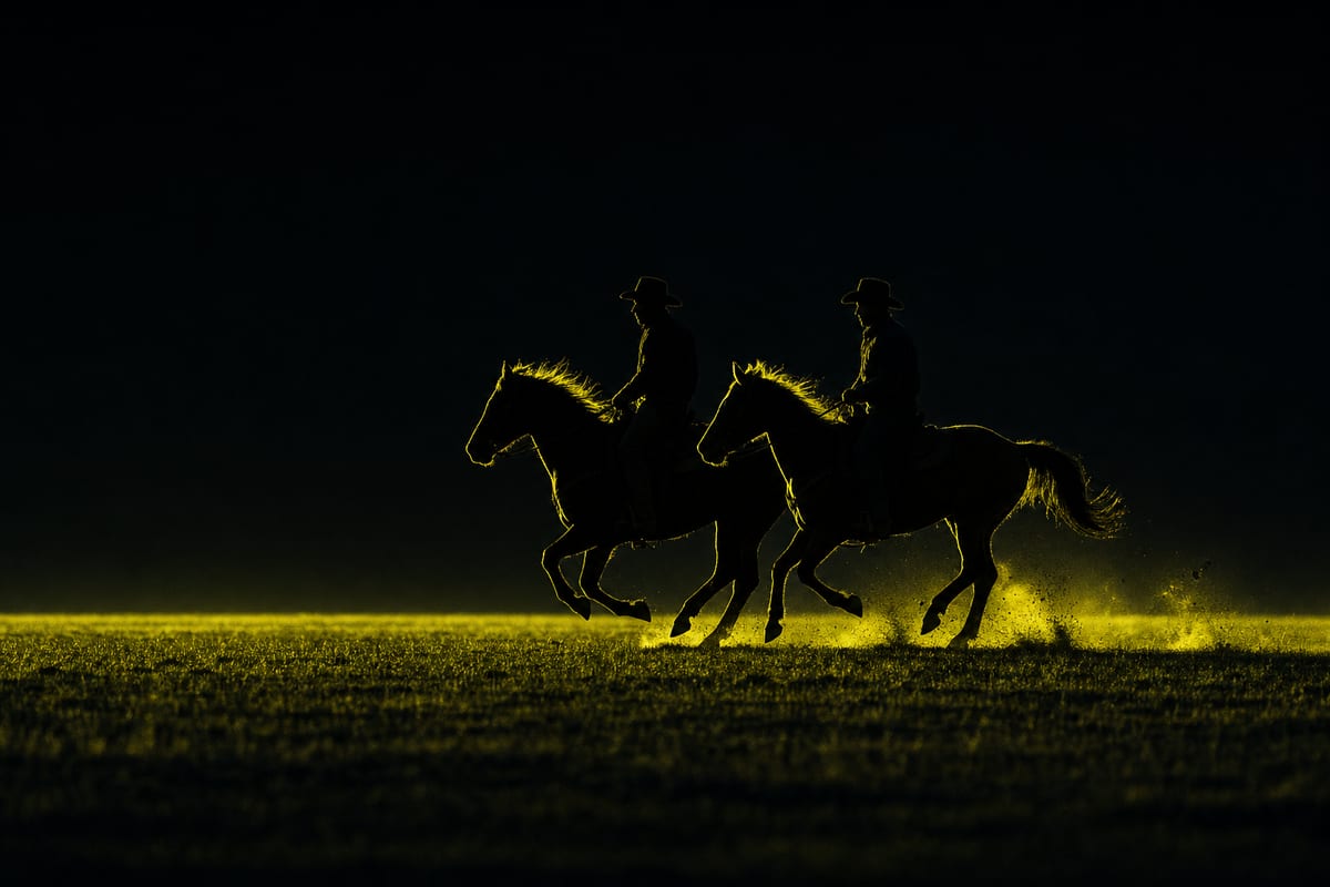 Two riders in near-silhouette galloping across open grassland at dusk