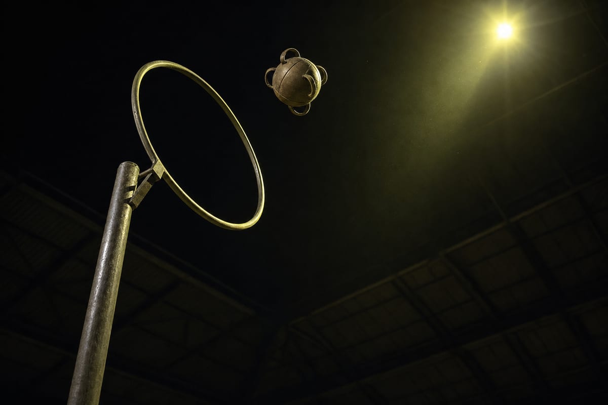 A vertical goal ring on its post at the end of a floodlit indoor arena, seen from below, with a handled leather ball caught in mid-air just short of it